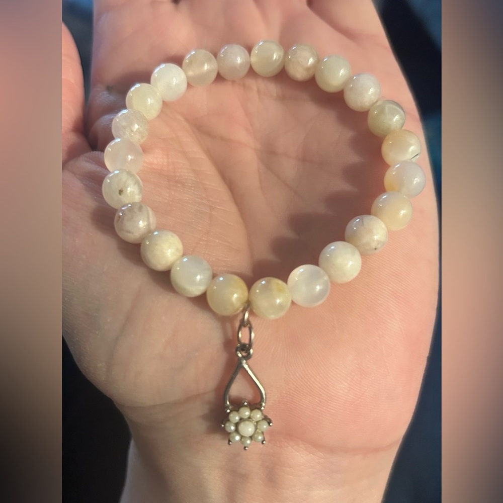 Flower Jade & Orange Moonstone Stretch Bracelet w/ Mother of Pearl Flower Charm